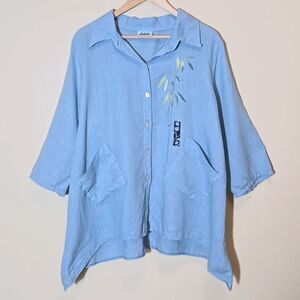 Odile Women's Linen Button Front Top Size Medium Asymmetric Lagenlook Artsy